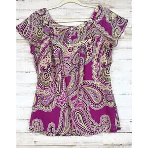 Como Womens Boho Sz. Small Pink Floral Paisley Peasant Top Short Flutter Sleeves
